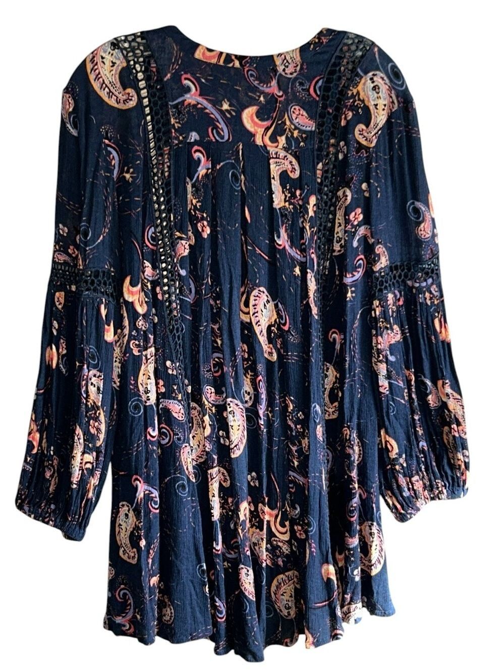 Free People Just The Two Of Us Paisley Babydoll Tunic Crochet Insets Oversize XS - Picture 4 of 8